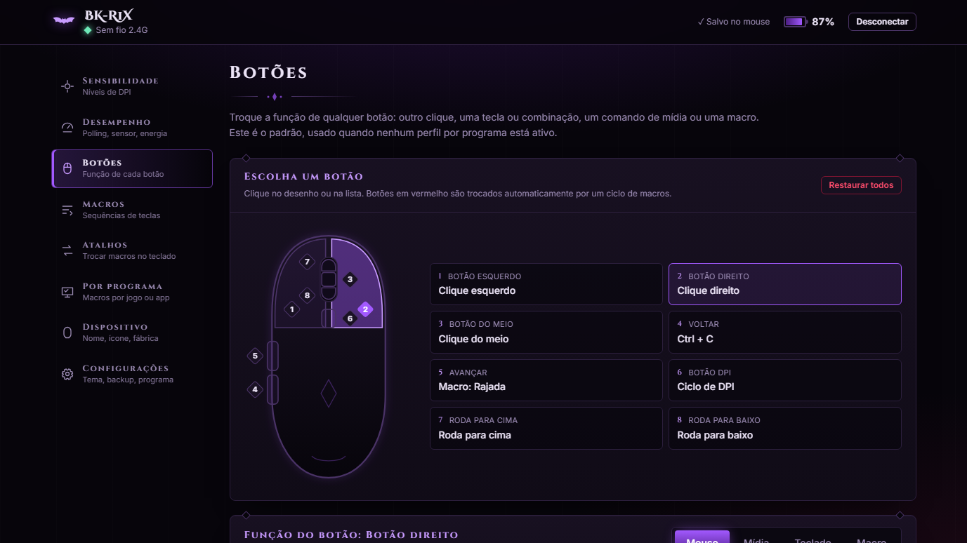 Tela de botões com o desenho do mouse e a função de cada botão