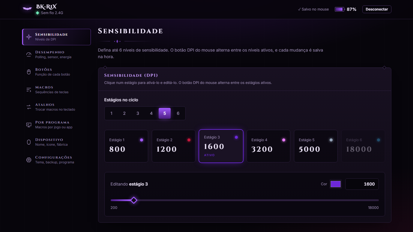 Tela de sensibilidade (DPI) do BK-R1X Control, com 6 estágios de DPI