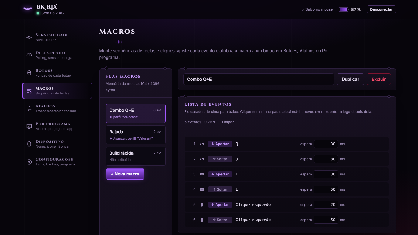 Editor de macros com lista de eventos e teclado visual